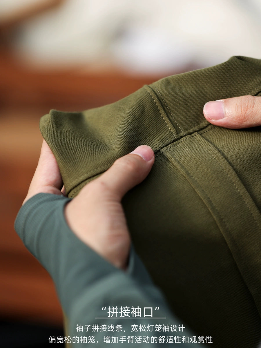 Japanese 290g heavy-duty long-sleeved T-shirt men's line splicing sleeve cage loose solid color round neck casual bottoming shirt