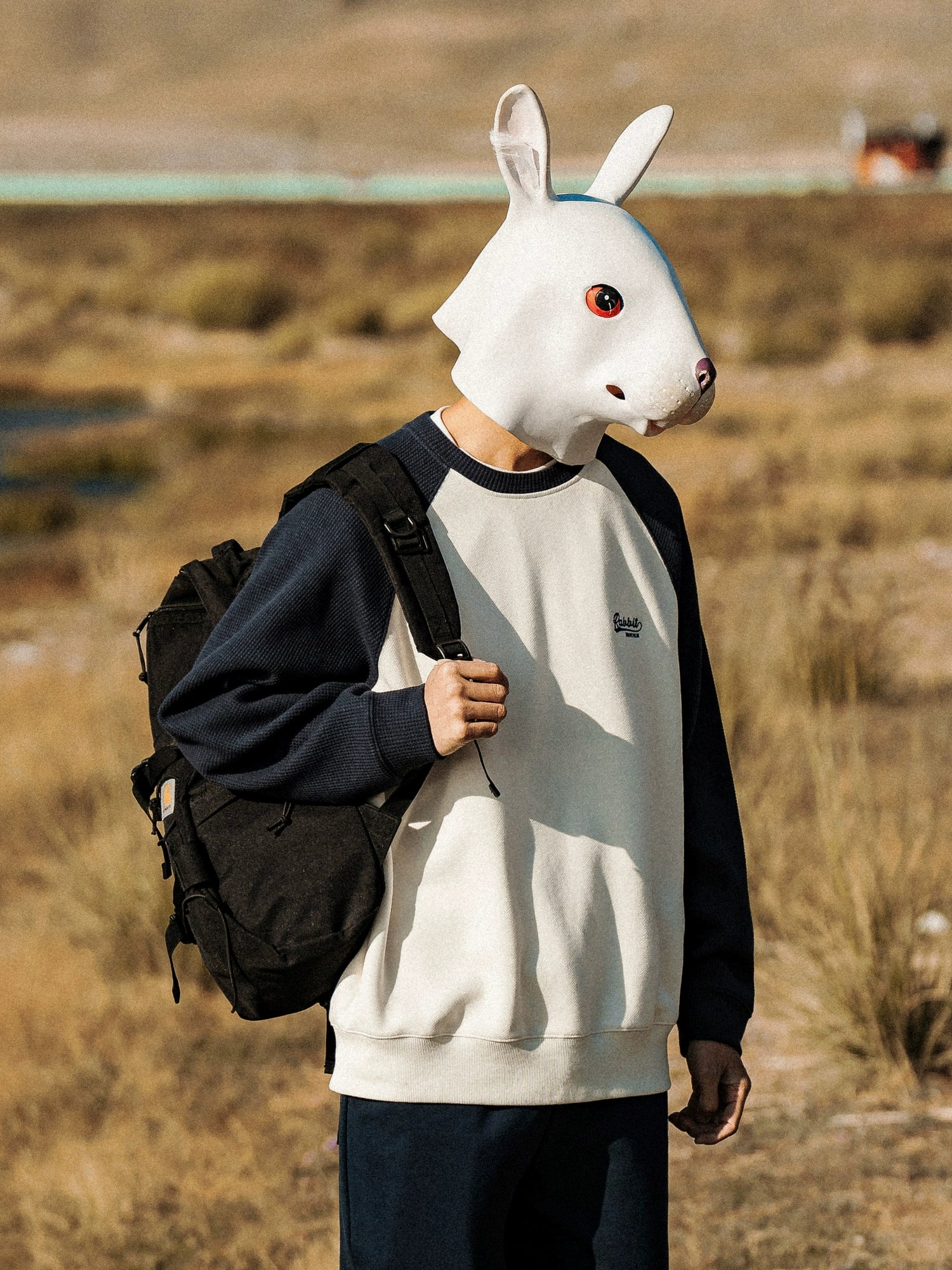 Spring and Autumn Japanese Trend Contrast Color Ragged Shoulder Embroidered Waffle Sweater Men's Crew Neck Pullover Casual Top