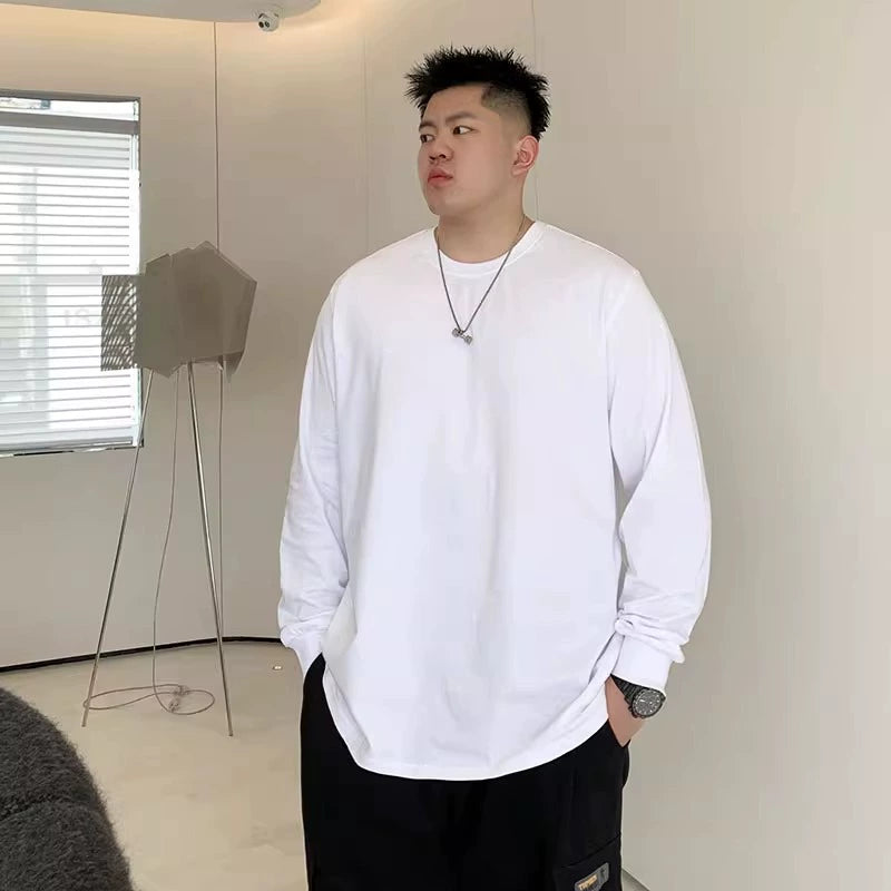 Spring and Autumn Solid Color Bottom Pure Cotton Long Sleeve T-Shirt Men's Fatty Loose Crew Neck Pullover Inside with T-Shirt On Clothes