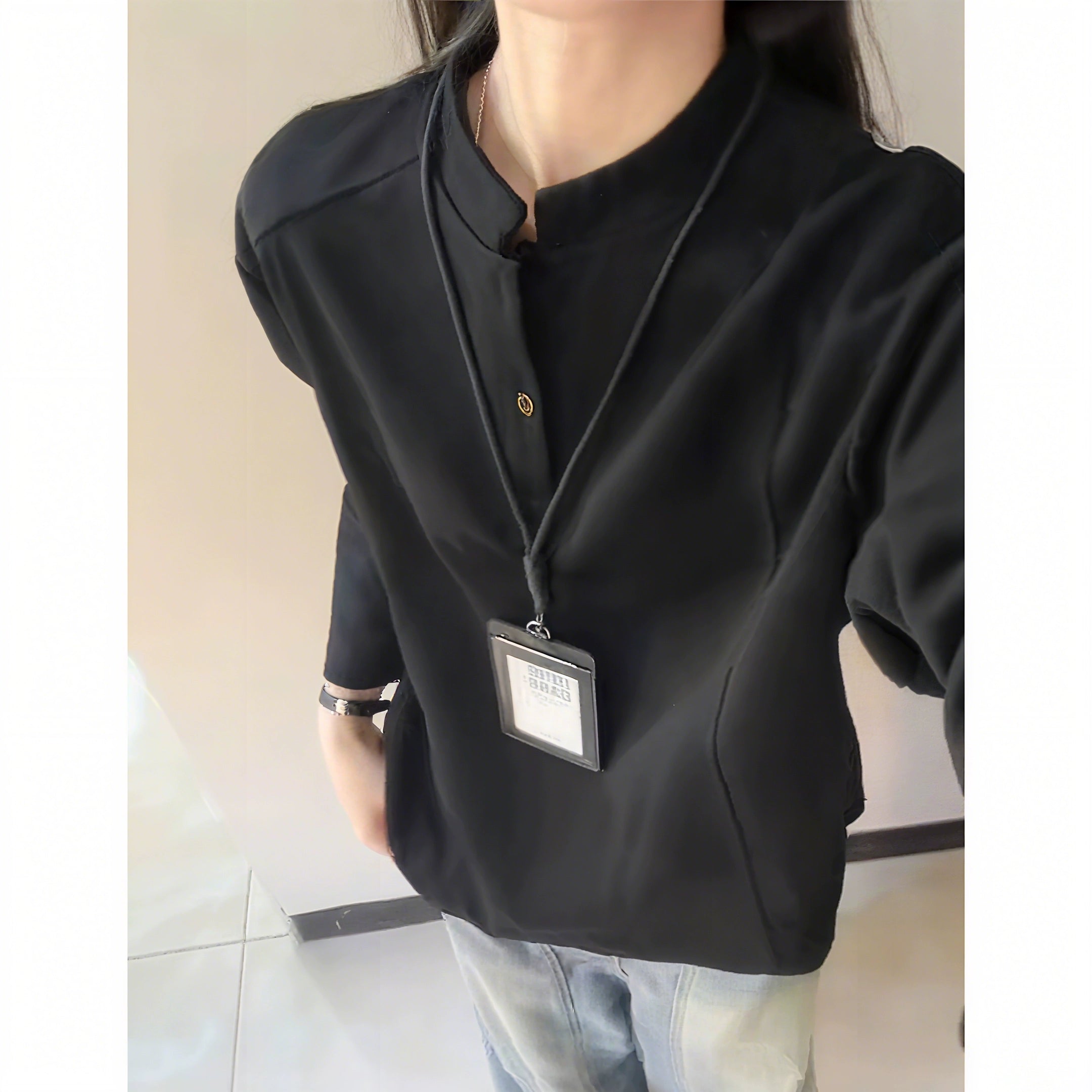 White gray Henry collar front shoulder long-sleeved T-shirt men's autumn American deconstruction splicing heavy sweater stand-up collar bottoming shirt