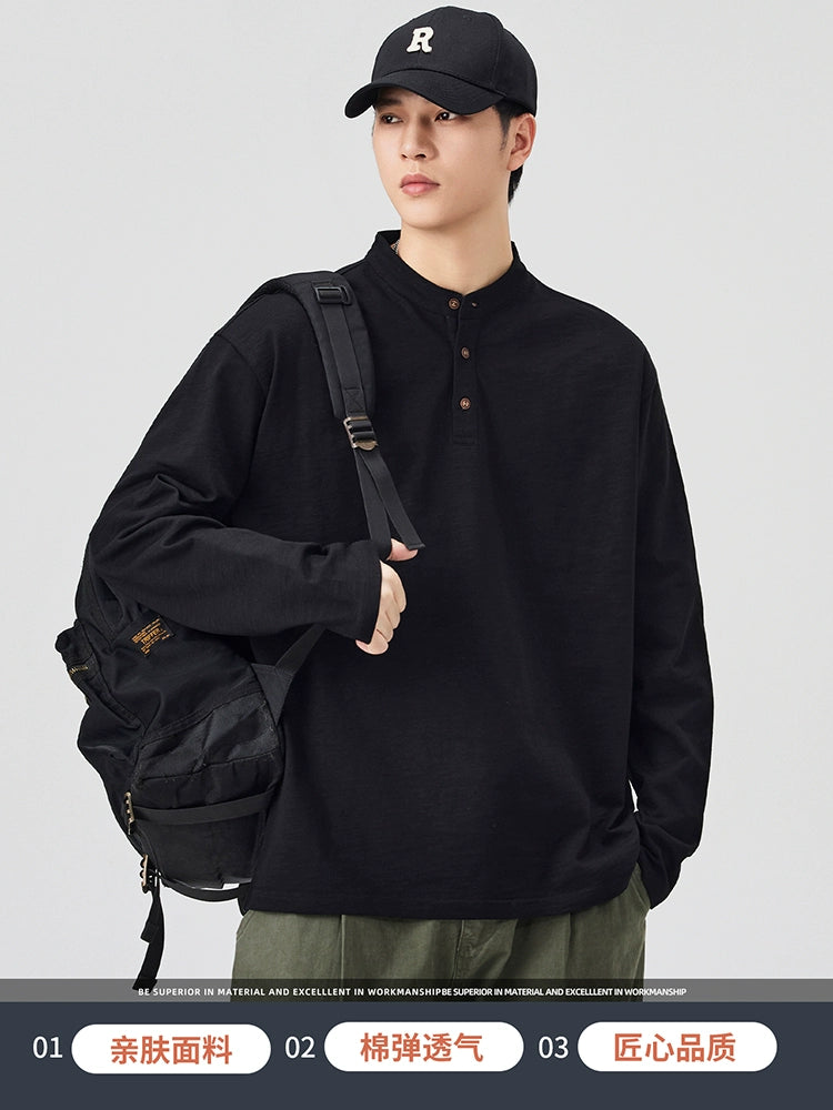 Slub cotton cotton long-sleeved T-shirt men's spring and autumn Henry collar loose bottoming top