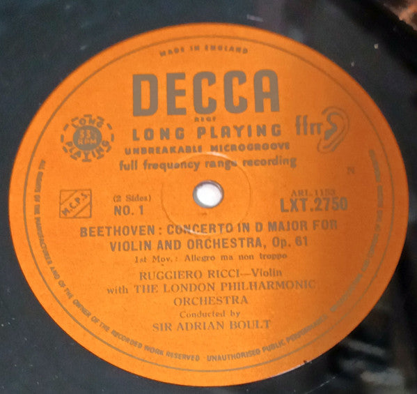 Ludwig van Beethoven, Ruggiero Ricci, Sir Adrian Boult Conducting The London Philharmonic Orchestra : Concerto In D Major For Violin & Orchestra (LP, Mono)
