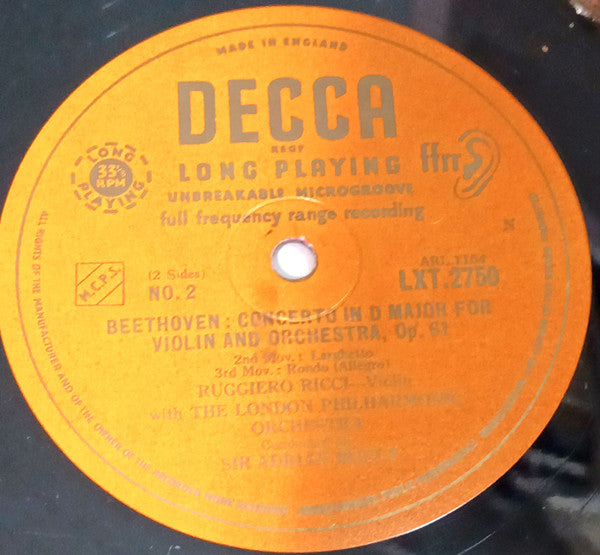 Ludwig van Beethoven, Ruggiero Ricci, Sir Adrian Boult Conducting The London Philharmonic Orchestra : Concerto In D Major For Violin & Orchestra (LP, Mono)