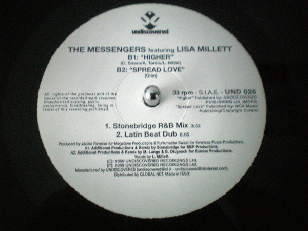 The Messengers Featuring Lisa Millett : Higher / Spread Love (12", Promo)