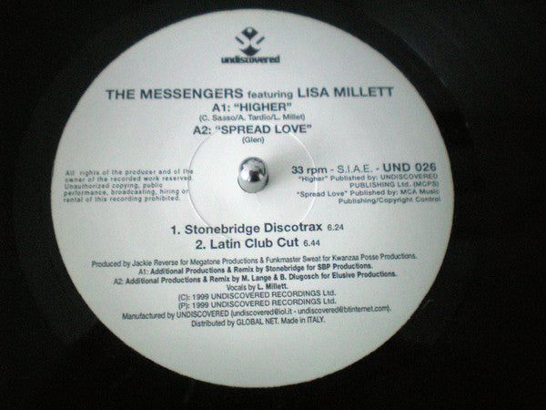The Messengers Featuring Lisa Millett : Higher / Spread Love (12", Promo)