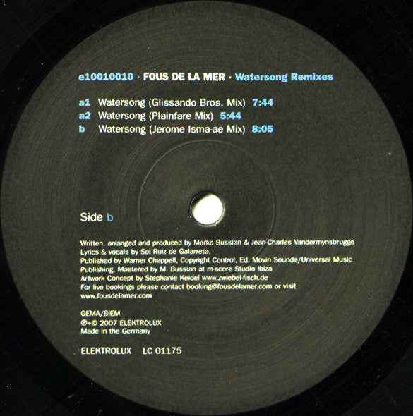 Fous De La Mer Feat. Sol Ruiz De Galarreta : Watersong Remixes (12")