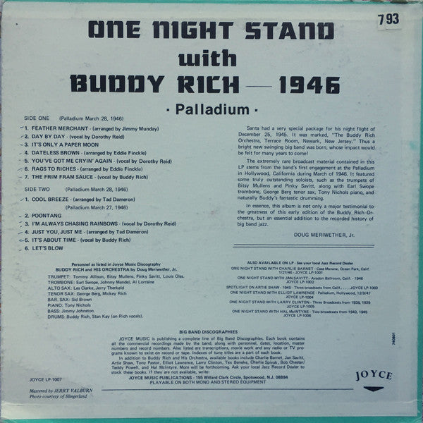 Buddy Rich : One Night Stand With Buddy Rich 1946 (LP, Album)