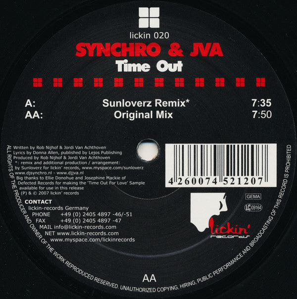 DJ Synchro & JVA : Time Out (12")