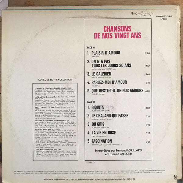Fernand Lorillard & Francine Mercier : Chansons De Nos Vingt Ans (LP)
