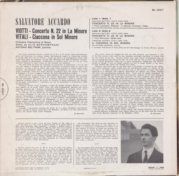 Salvatore Accardo, Giovanni Battista Viotti, Tomaso Antonio Vitali : Viotti: Conc N.22 In La Min - Vitali: Ciaccona In Sol Min. (LP)