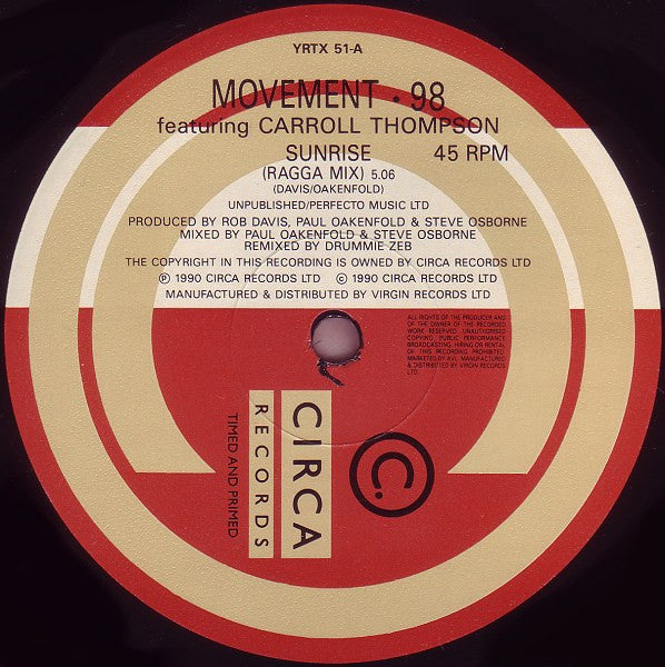 Movement 98 Featuring Carroll Thompson With Cinderella M.C. : Sunrise (The Ragga Remixes) (12")