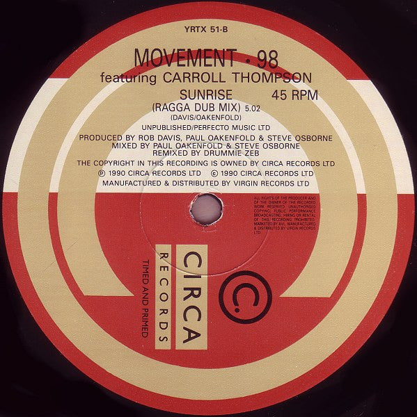 Movement 98 Featuring Carroll Thompson With Cinderella M.C. : Sunrise (The Ragga Remixes) (12")