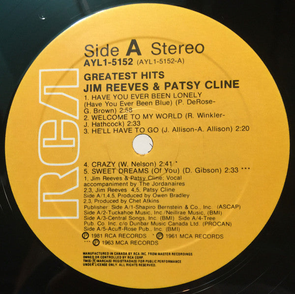 Jim Reeves & Patsy Cline : Greatest Hits (LP, Comp)