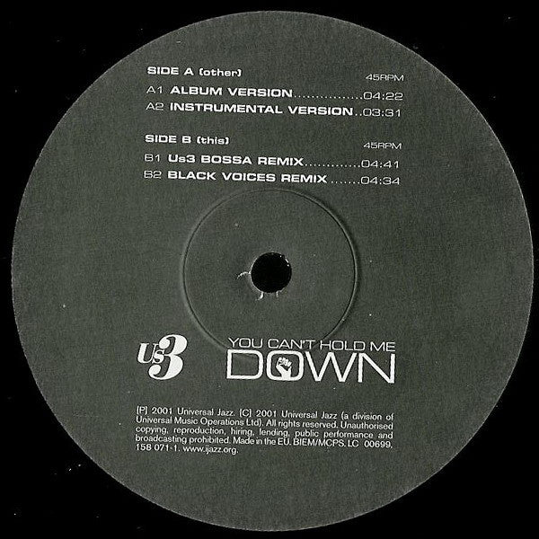 Us3 : You Can't Hold Me Down (12")