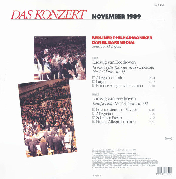 Ludwig van Beethoven, Berliner Philharmoniker, Daniel Barenboim : Das Konzert (November 1989) (LP, Album, Gat)
