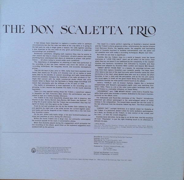 The Don Scaletta Trio : Sunday Afternoon At The Trident (LP, Album, Mono, Promo, Whi)
