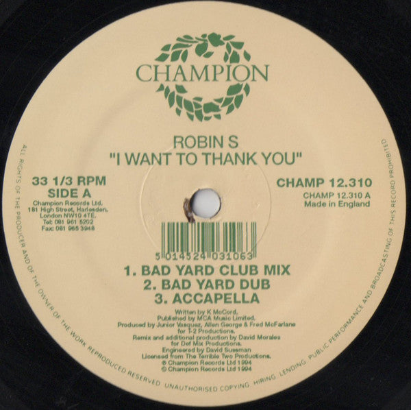 Robin S. : I Want To Thank You (12", Single)