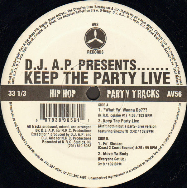 DJ A.P. : D.J. A.P. Presents.......Keep The Party Live (12")