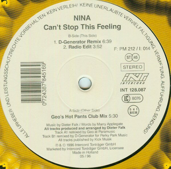 Nina (3) : Can't Stop This Feeling (12")
