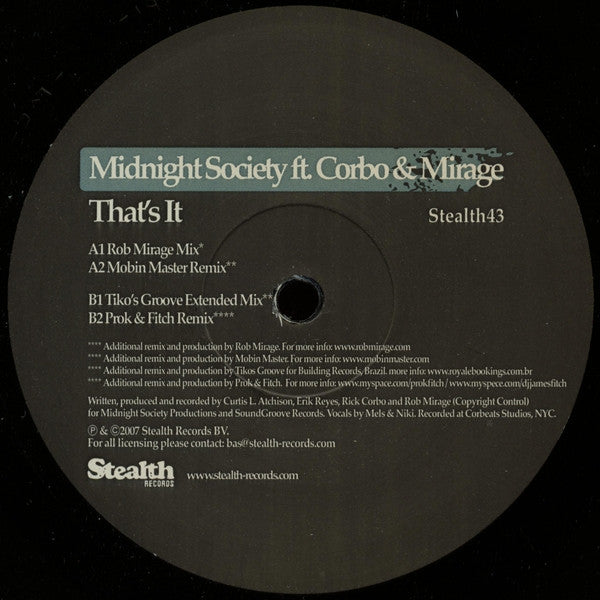 Midnight Society Ft. Rick Corbo & Rob Mirage : That's It (12")