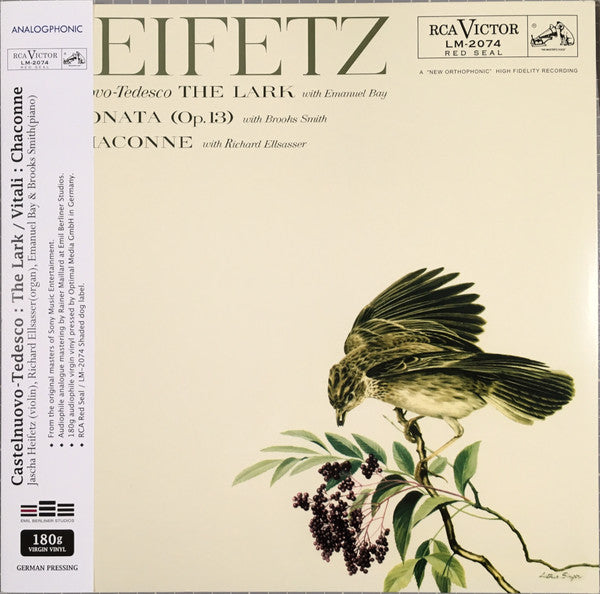 Jascha Heifetz / Mario Castelnuovo Tedesco / Gabriel Fauré / Tomaso Antonio Vitali : The Lark / Sonata (Op.13) / Chaconne (LP, Mono, RE, RM, 180)