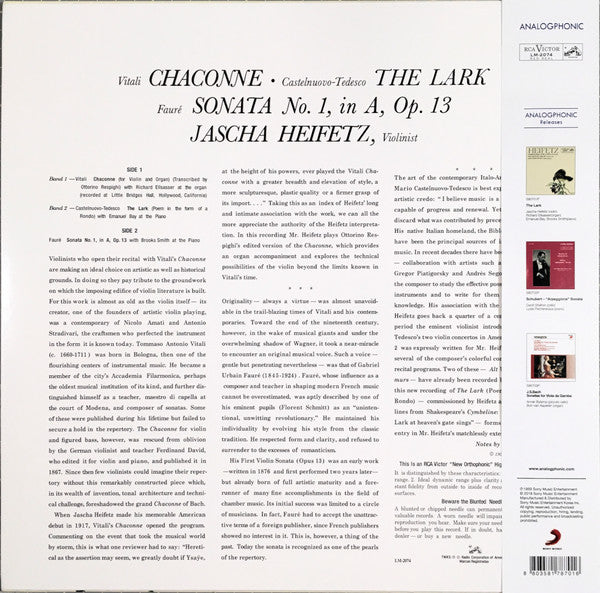Jascha Heifetz / Mario Castelnuovo Tedesco / Gabriel Fauré / Tomaso Antonio Vitali : The Lark / Sonata (Op.13) / Chaconne (LP, Mono, RE, RM, 180)