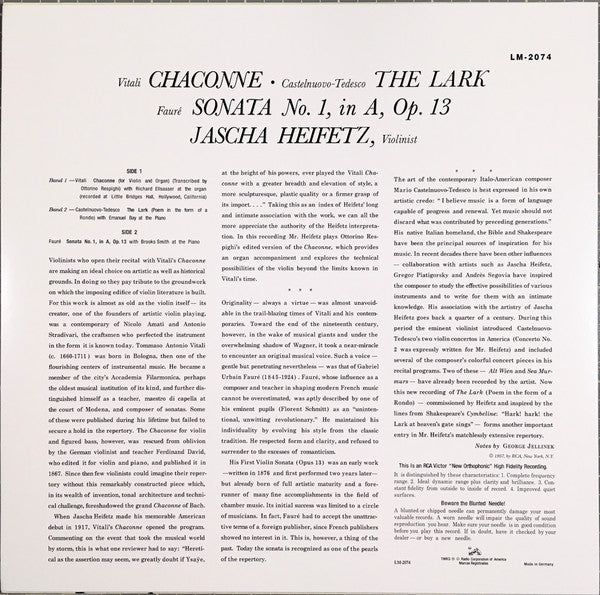 Jascha Heifetz / Mario Castelnuovo Tedesco / Gabriel Fauré / Tomaso Antonio Vitali : The Lark / Sonata (Op.13) / Chaconne (LP, Mono, RE, RM, 180)