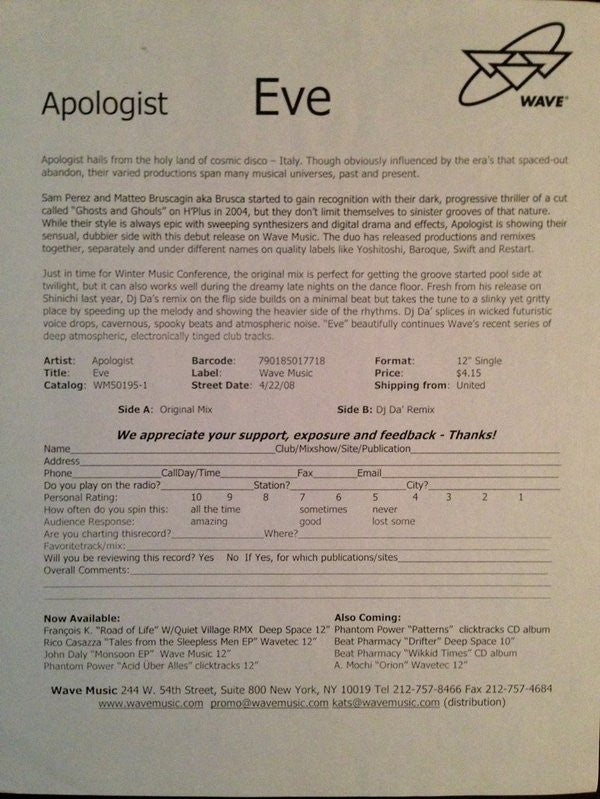 Apologist (3) : Eve (12", Promo, W/Lbl, Sti)