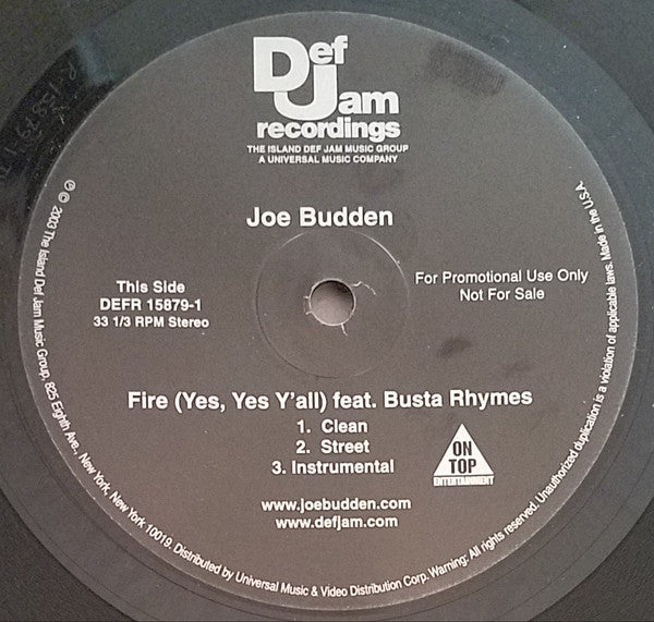 Joe Budden : Fire (Yes, Yes Y'all) (12", Promo)