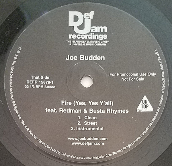 Joe Budden : Fire (Yes, Yes Y'all) (12", Promo)
