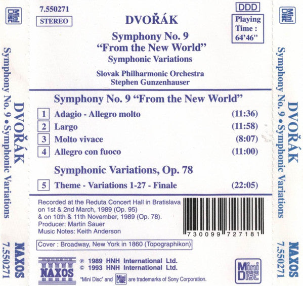 Antonín Dvořák - Slovak Philharmonic Orchestra, Stephen Gunzenhauser : Symphony No.9 - Symphonic Variations (MD, Album)
