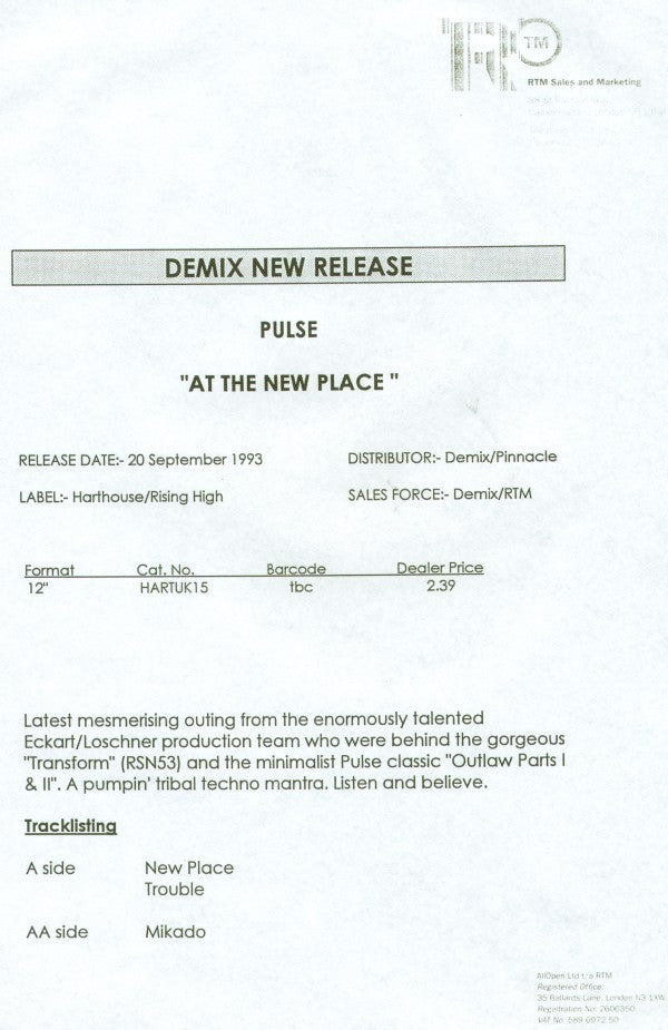 Pulse : At The New Place (12", Promo, W/Lbl)