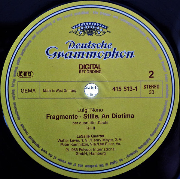 Luigi Nono - LaSalle Quartet : Fragmente – Stille, An Diotima (LP)