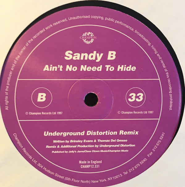 Sandy B : Ain't No Need To Hide (2x12")