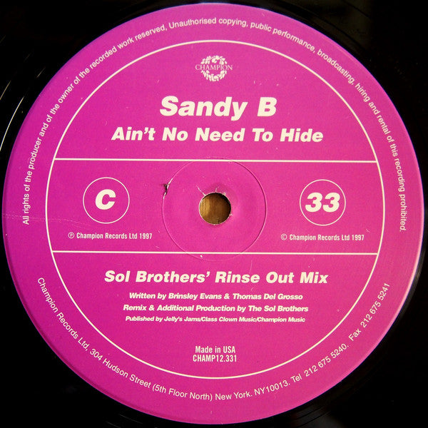 Sandy B : Ain't No Need To Hide (2x12")