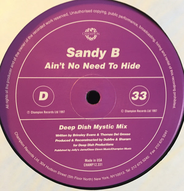 Sandy B : Ain't No Need To Hide (2x12")