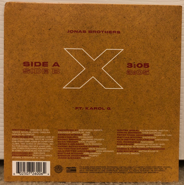 Jonas Brothers Ft. Karol G : X (7", Single, Ltd)