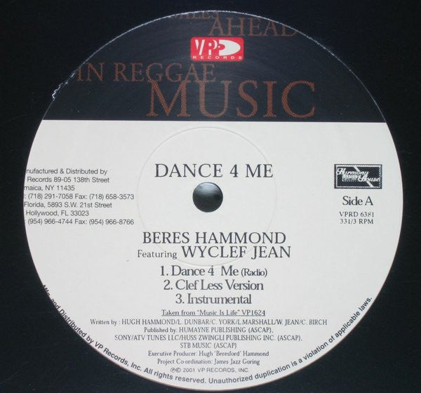 Beres Hammond Featuring Wyclef Jean : Dance 4 Me (12")