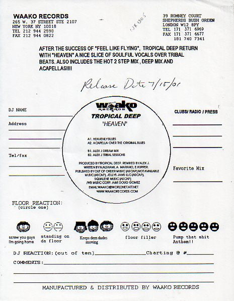 Tropical Deep : Heaven (12", Promo, W/Lbl)