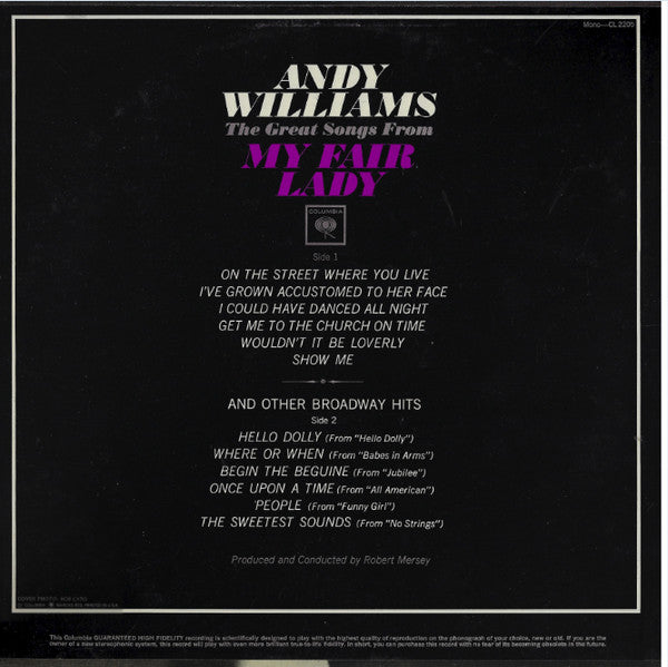 Andy Williams : Songs From My Fair Lady And Other Broadway Hits (LP, Album, Mono)
