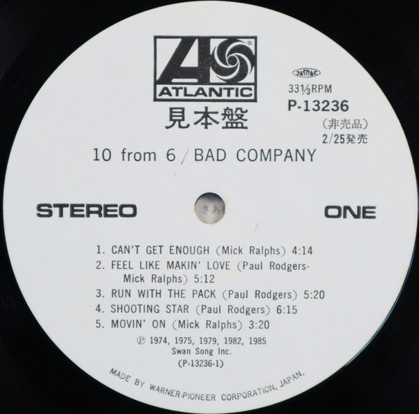 Bad Company (3) : 10 From 6 (LP, Comp, Promo)