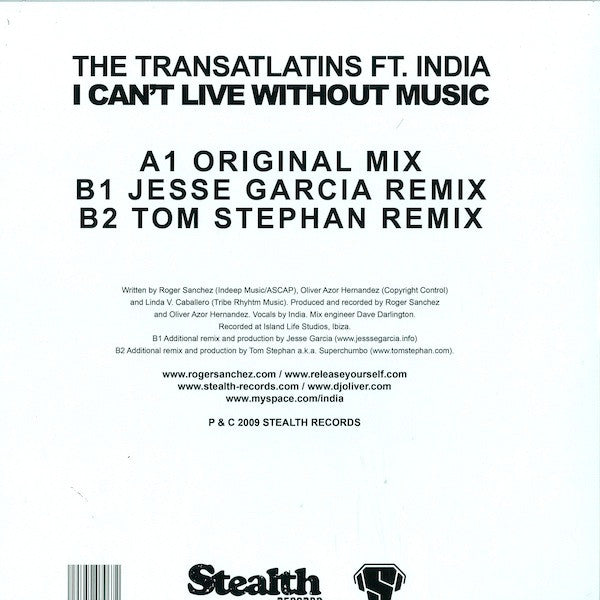 The Transatlatins Ft. India : I Can't Live Without Music (12")