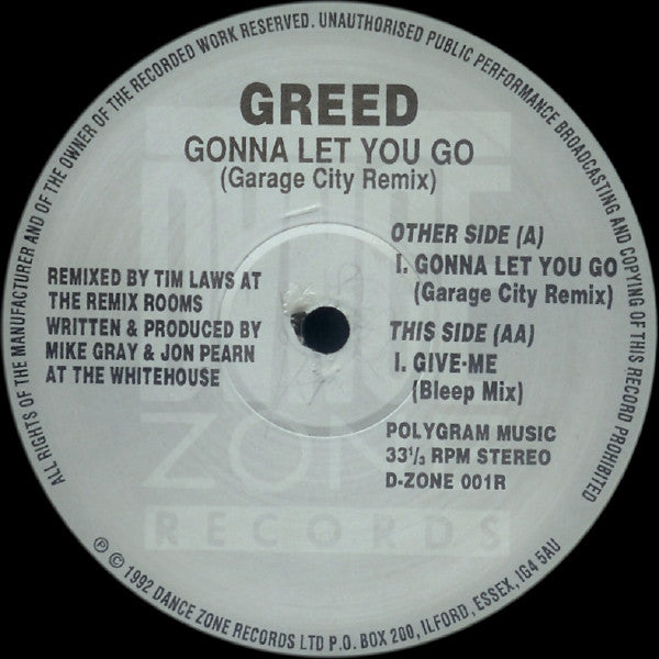 Greed : Gonna Let You Go (Garage City Remix) (12", Pic)