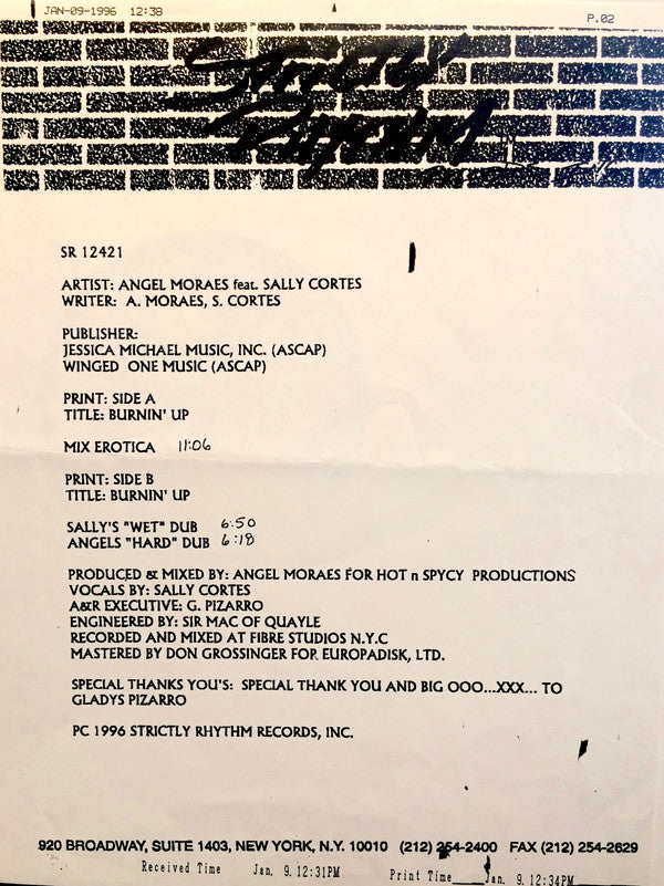 Angel Moraes Featuring Sally Cortes : Burnin' Up (12", TP)