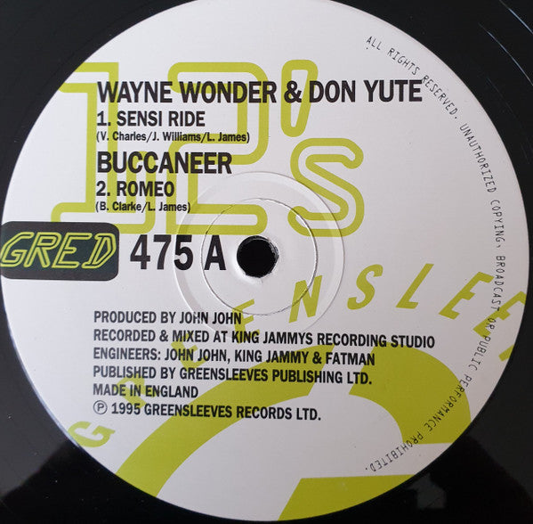 Wayne Wonder & Don Yute / Buccaneer : Sensi Ride / Romeo (12")