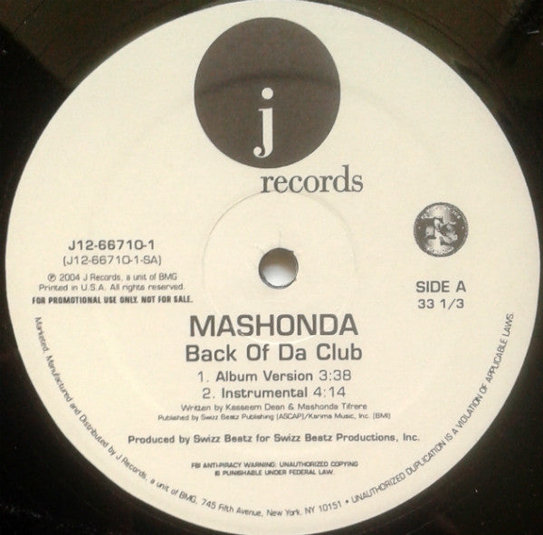 Mashonda : Back Of Da Club (12", Promo)