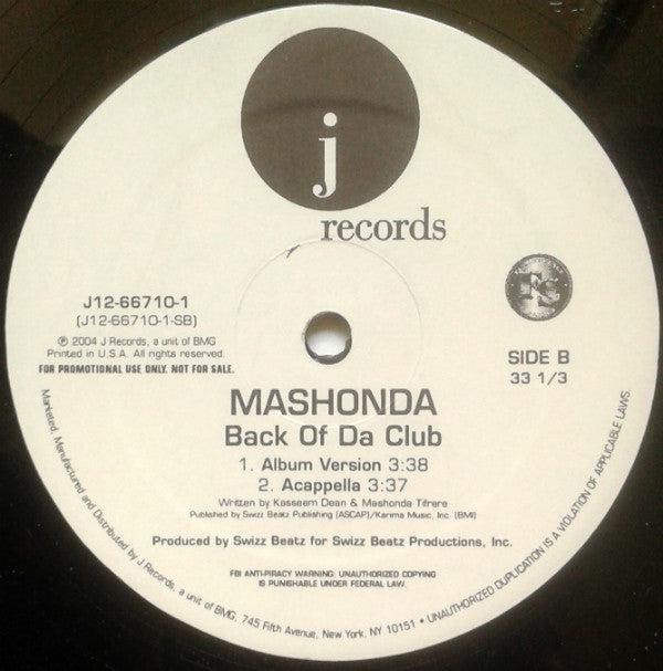 Mashonda : Back Of Da Club (12", Promo)