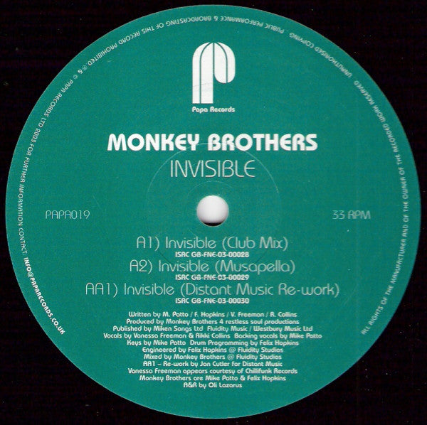 The Monkey Brothers : Invisible (12")