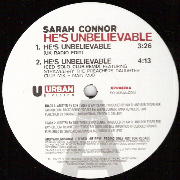 Sarah Connor : He's Unbelievable (12", Promo)