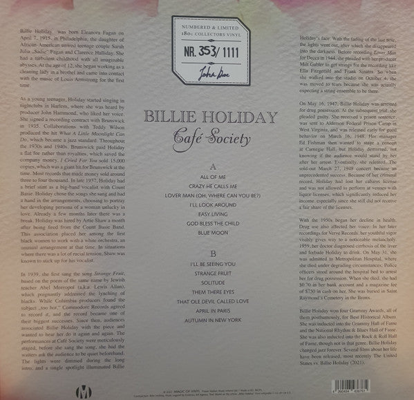Billie Holiday : Café Society - Numbered 1.111 Units Only, 180g White Vinyl (LP, Comp)
